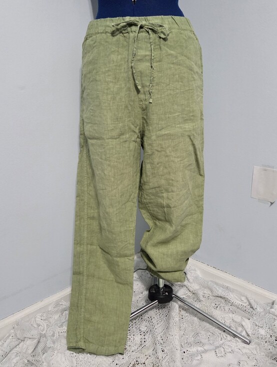 120% Lino Pants - Green Italian Linen Drawstring Pants Size 44